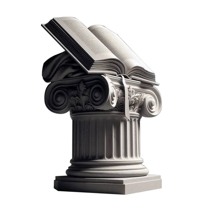 An open law book resting on an Ionic column