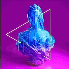 Neon-lit classical bust inside a glowing triangle