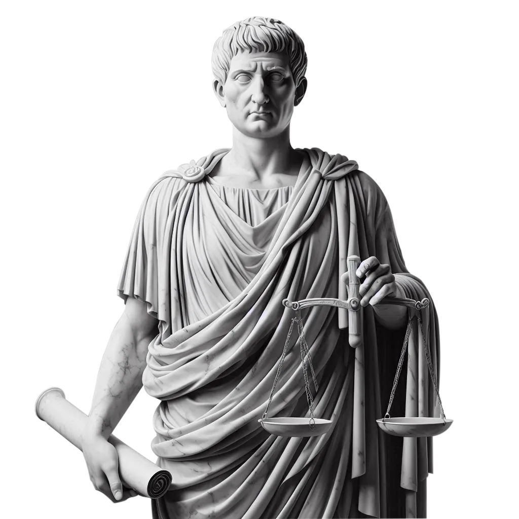 Marble statue of a Roman jurist holding the scales of justice and a scroll